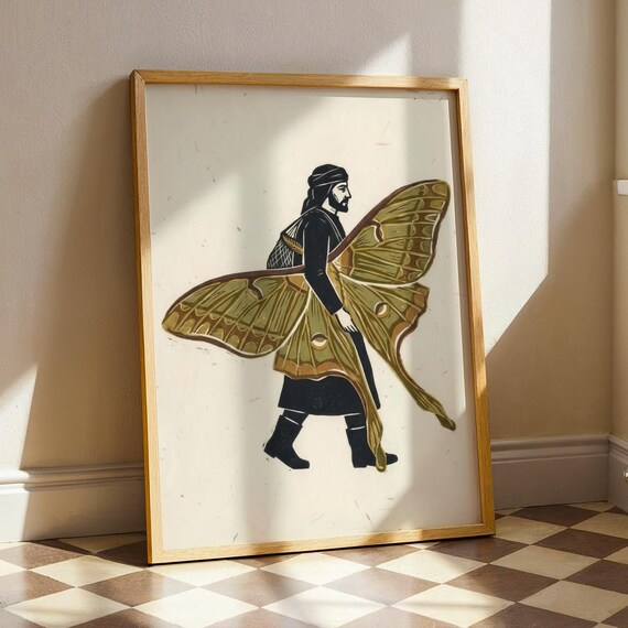 Moon Moth Fisherman Print Surreal Linocut Wall Art Minimalist Woodblock Poster Neutral Japandi Folk Decor Moody Scandinavian Artwork