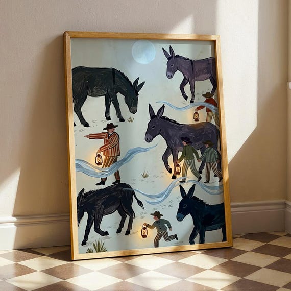 Whimsical Moonlit Donkey Print Vintage Folk Art Animal Painting Naive Midsummer Night Wall Decor Moody Storybook Childrens Room Poster