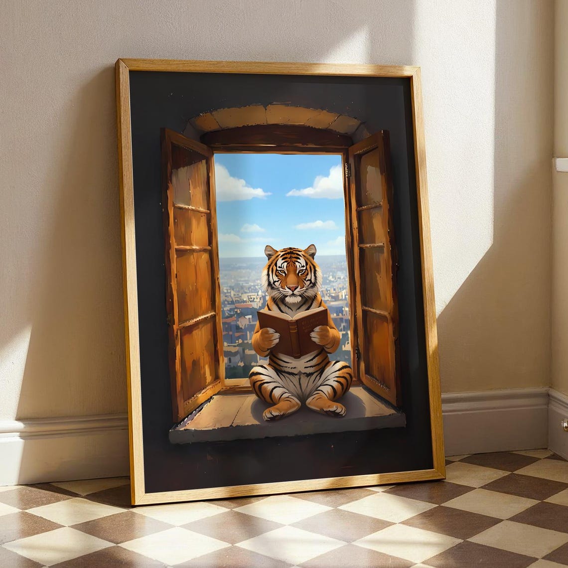 Cute Tiger Reading Book Open Window Whimsical Animals Poster
