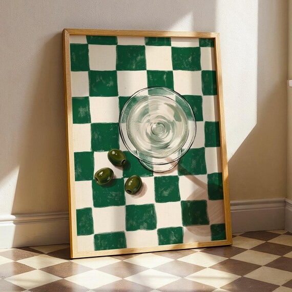 Top Down Martini Glass Olives Green Checkerboard Cocktail Print