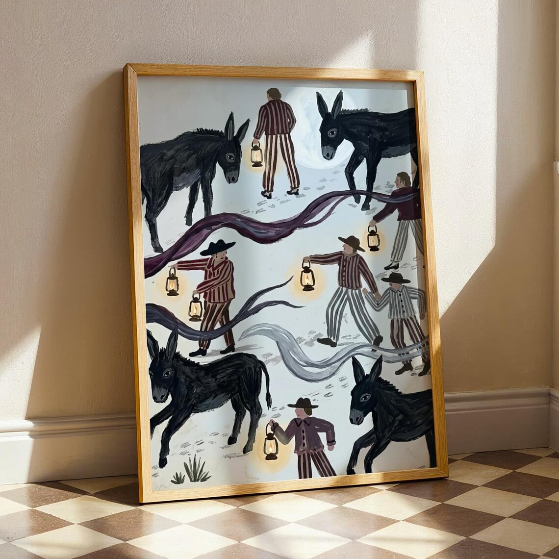 Vintage Storybook Donkeys and Lantern Walkers in Moonlit Snow Poster