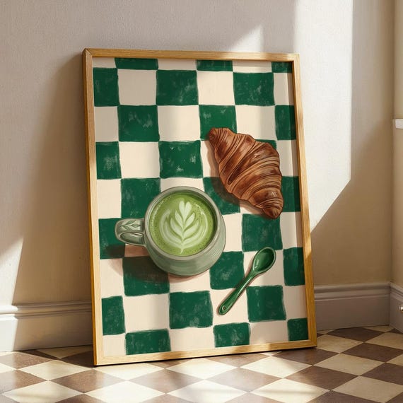 Matcha Latte And Croissant Wall Art Print Still Life Poster Cozy Caf Decor Funky Food Breakfast Dining Room Digital Download