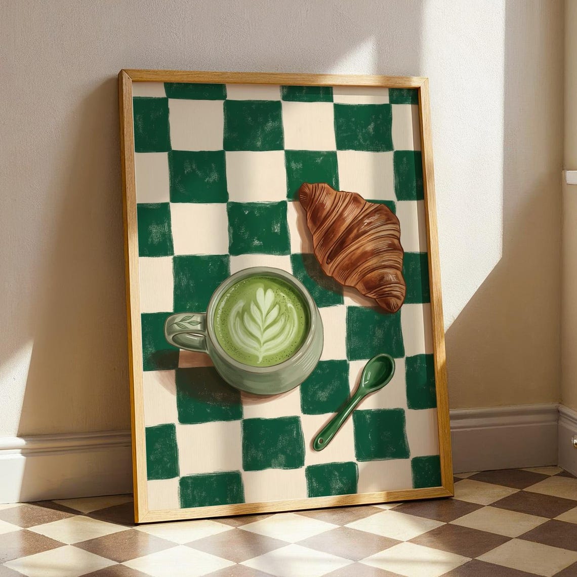 Matcha Latte Croissant Green Checkerboard Cafe Kitchen Print