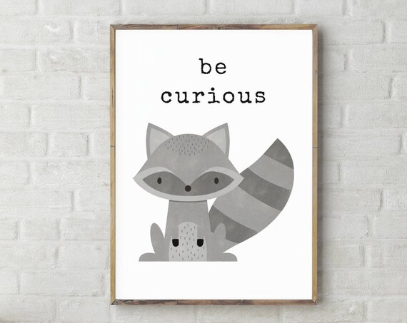 Be Curious Raccoon Woodland Nursery Quote Cute Animal Kids Wall Art Poster