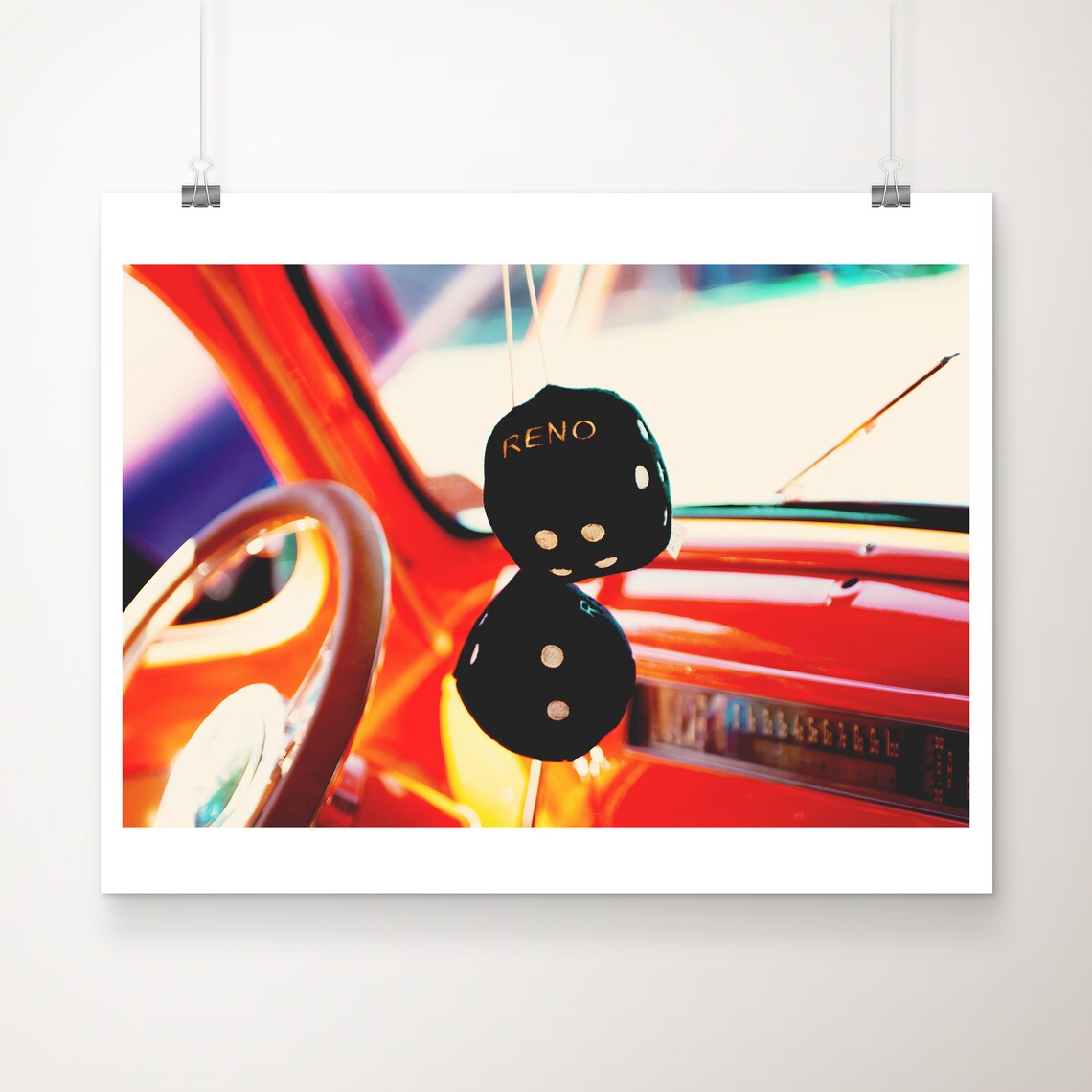 Retro Red Car Dashboard Fuzzy Dice Reno Vintage Photo Poster