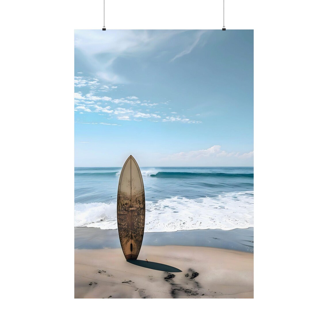 Vintage Wooden Surfboard Beach Ocean Waves Coastal Surf Art Poster