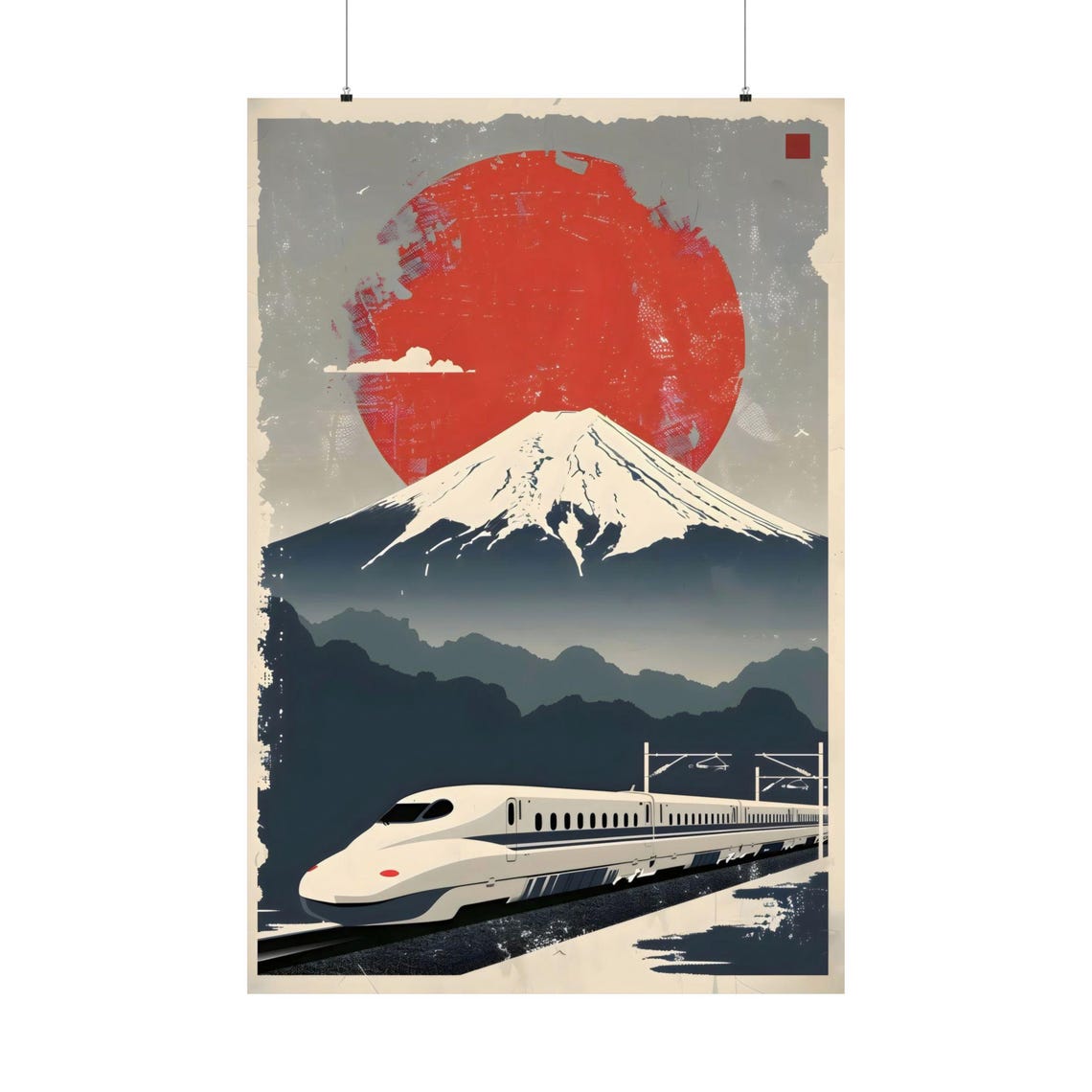 Mount Fuji Shinkansen Red Sun Distressed Vintage Japan Poster