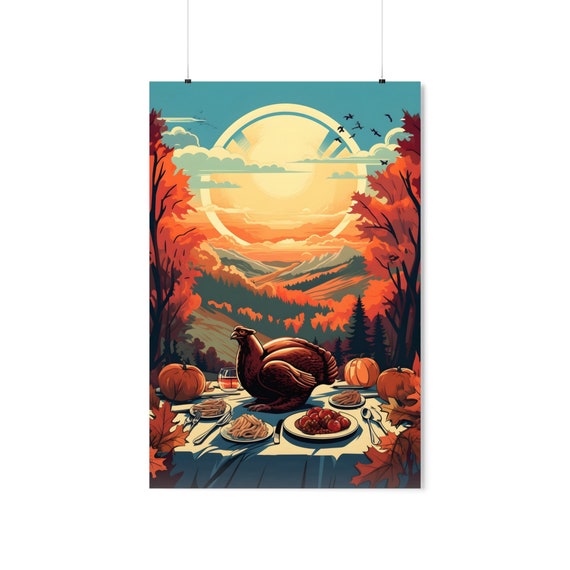 Retro Thanksgiving Dinner Turkey Pumpkin Autumn Sunset Feast Poster