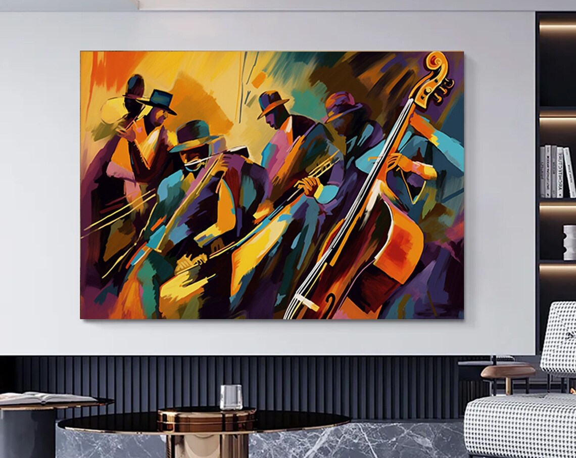 Abstract Jazz Band Colorful Double Bass Painting Wall Poster
