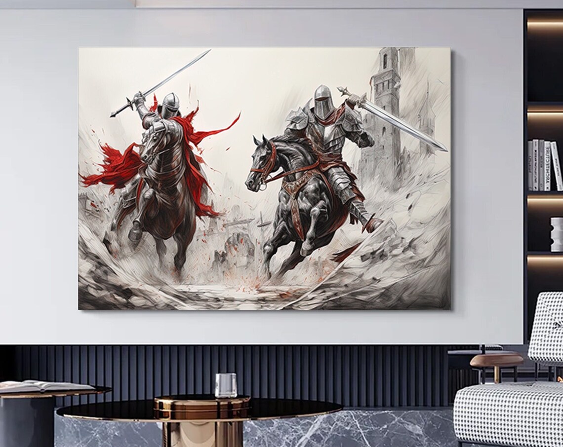 Medieval Knights Battle Horseback Sword Fight Painting Poster