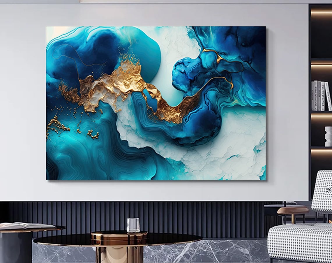 Blue Marble Gold Vein Abstract Ocean Luxury Canvas Art Poster