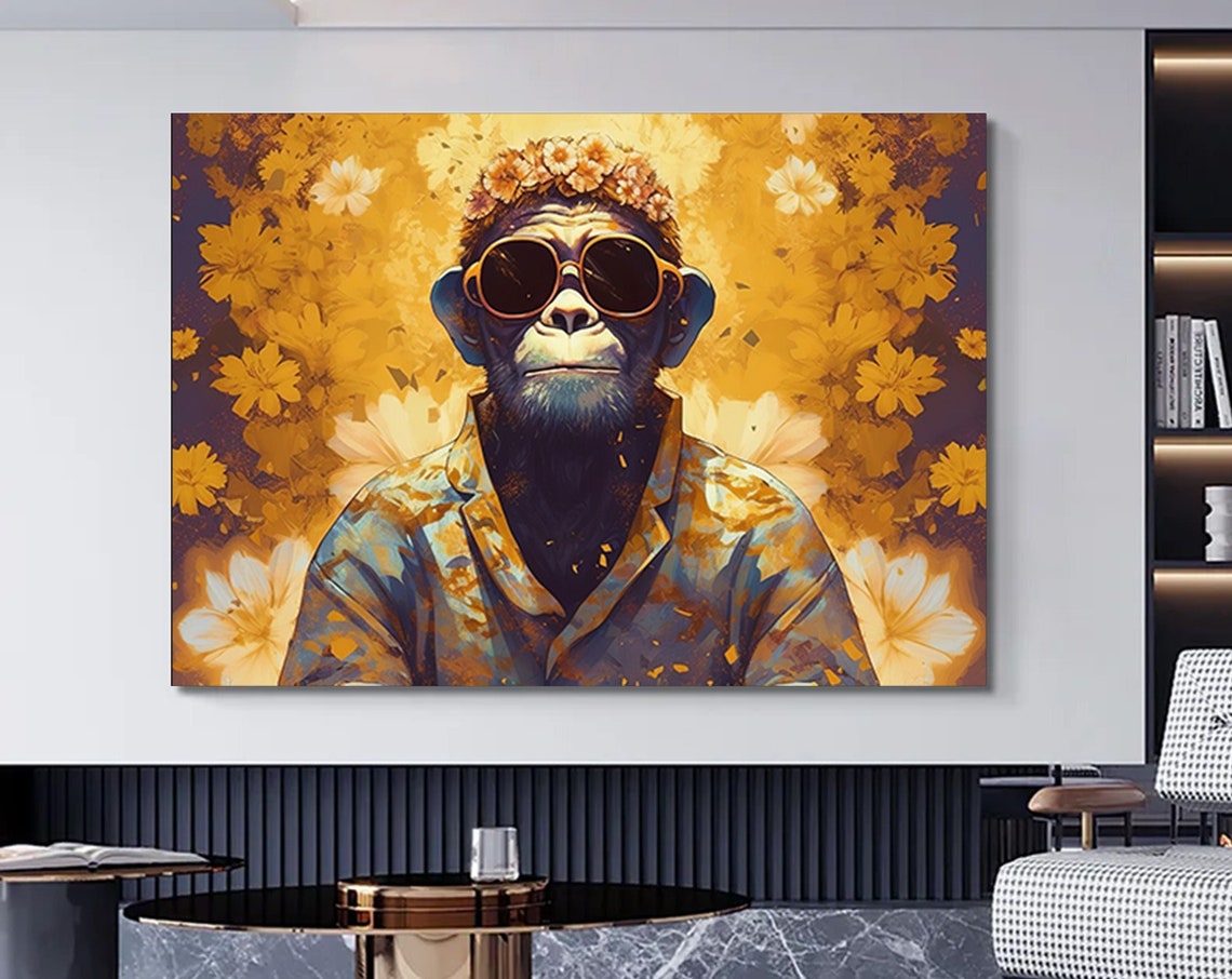 Canvas Wall Art Of A Monkey With Glasses And Flower On Her Animal Home Decor