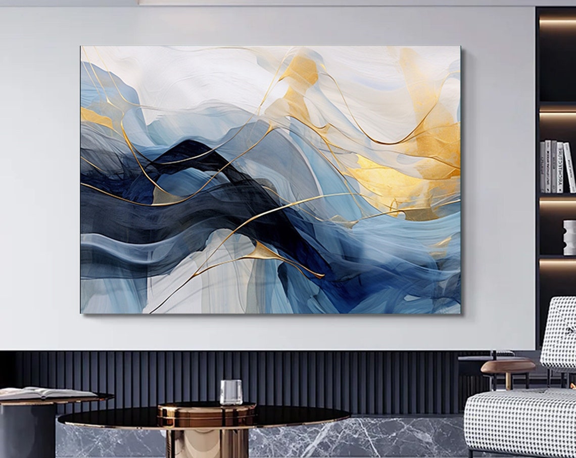 Blue Gold White Abstract Flowing Waves Marble Luxury Art Poster