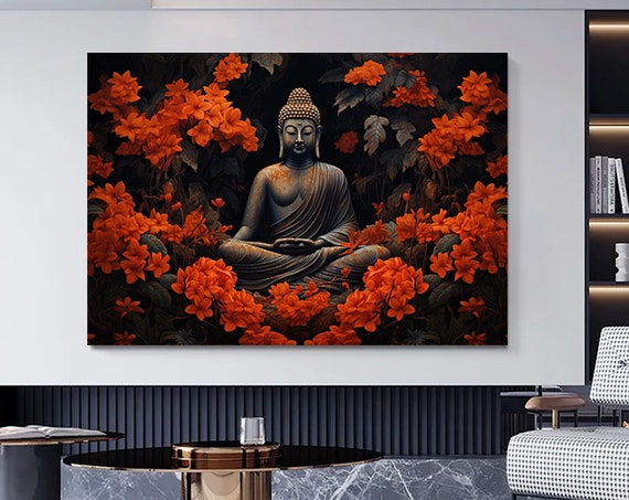 Buddha Statue Orange Flowers Zen Meditation Peaceful Wall Art
