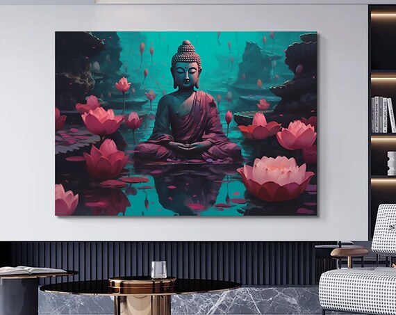 Buddha Meditating Pink Lotus Teal Water Spiritual Art Poster