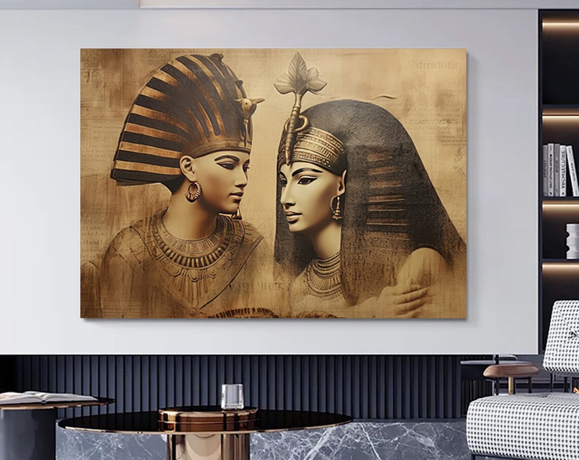 Egyptian Pharaoh and Queen Vintage Sepia Papyrus Canvas Art Poster