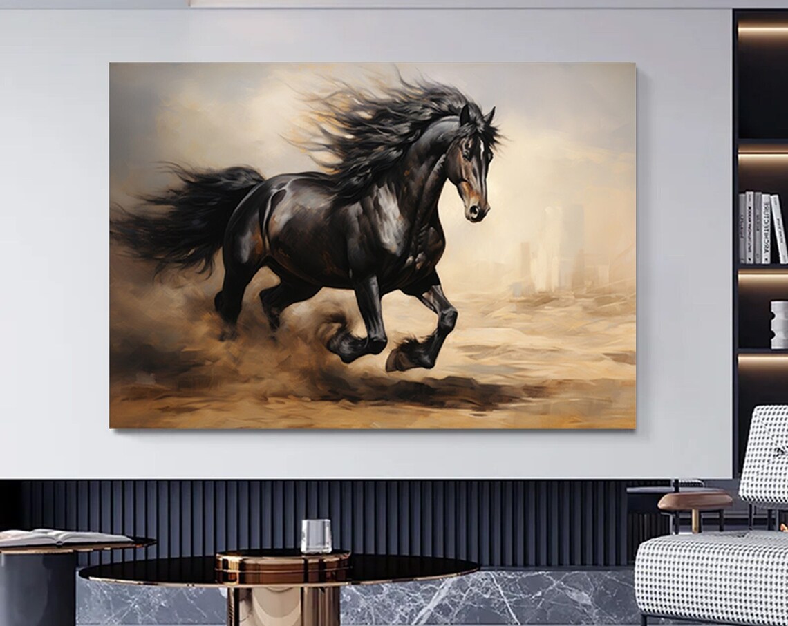Majestic Black Horse Galloping Wild Stallion Oil Painting Poster