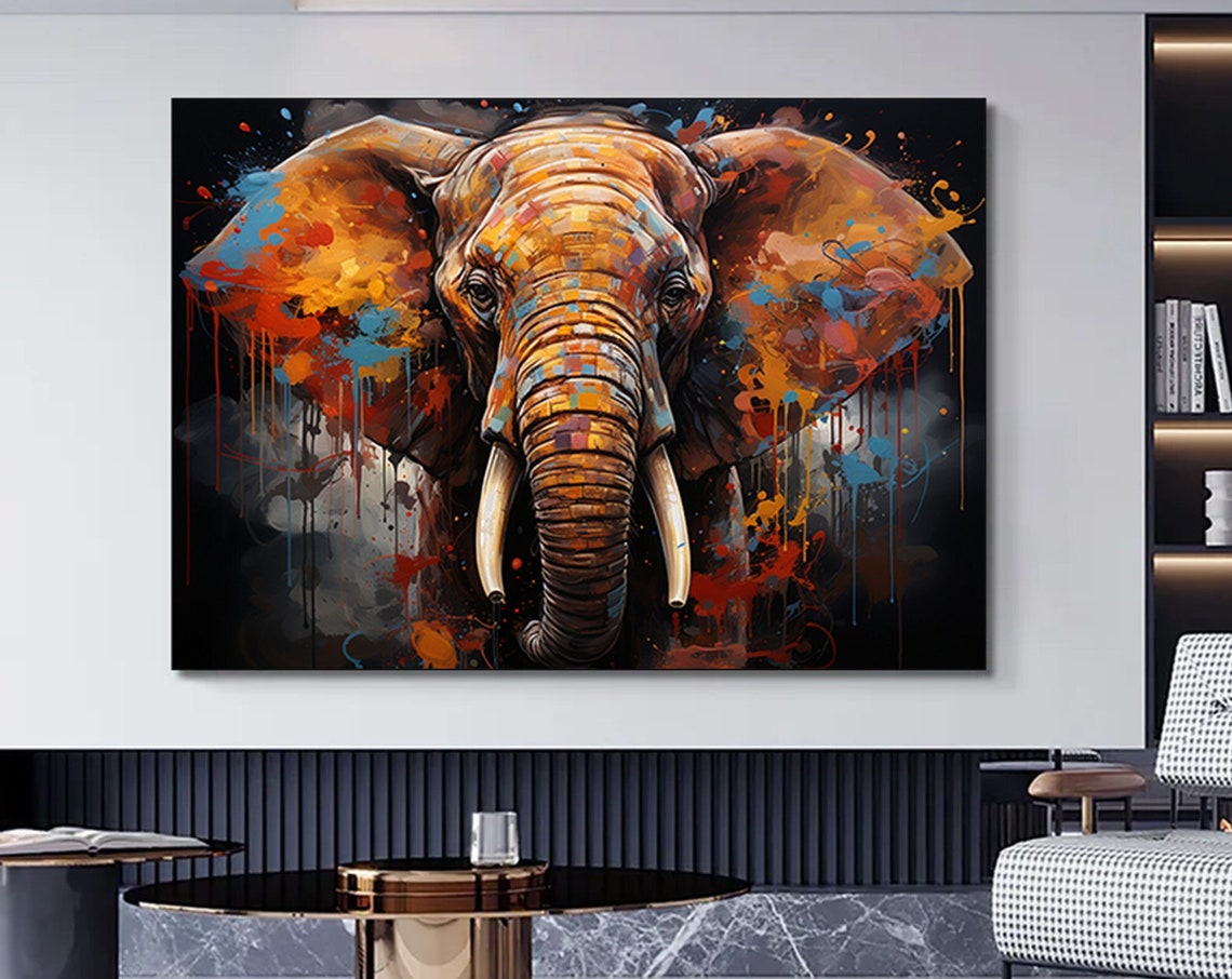 Elephant Head Paint Splatter Bold Dark Wildlife Canvas Art Poster