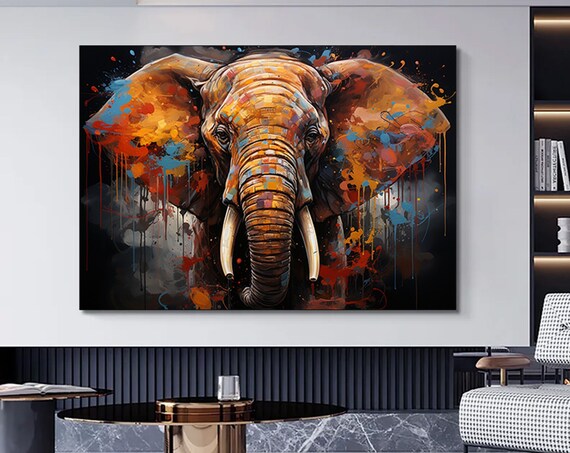 Elephant Head Paint Splatter Bold Dark Wildlife Canvas Art Poster