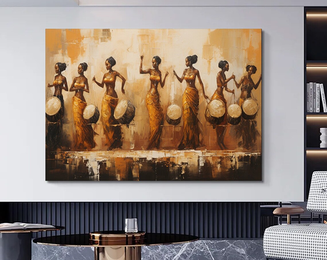 African Women Drummers Dance Golden Oil Painting Canvas Art Poster