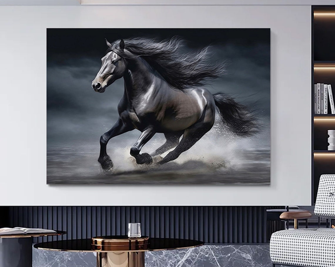 Majestic Black Horse Running Through Water Dramatic Fine Art Poster