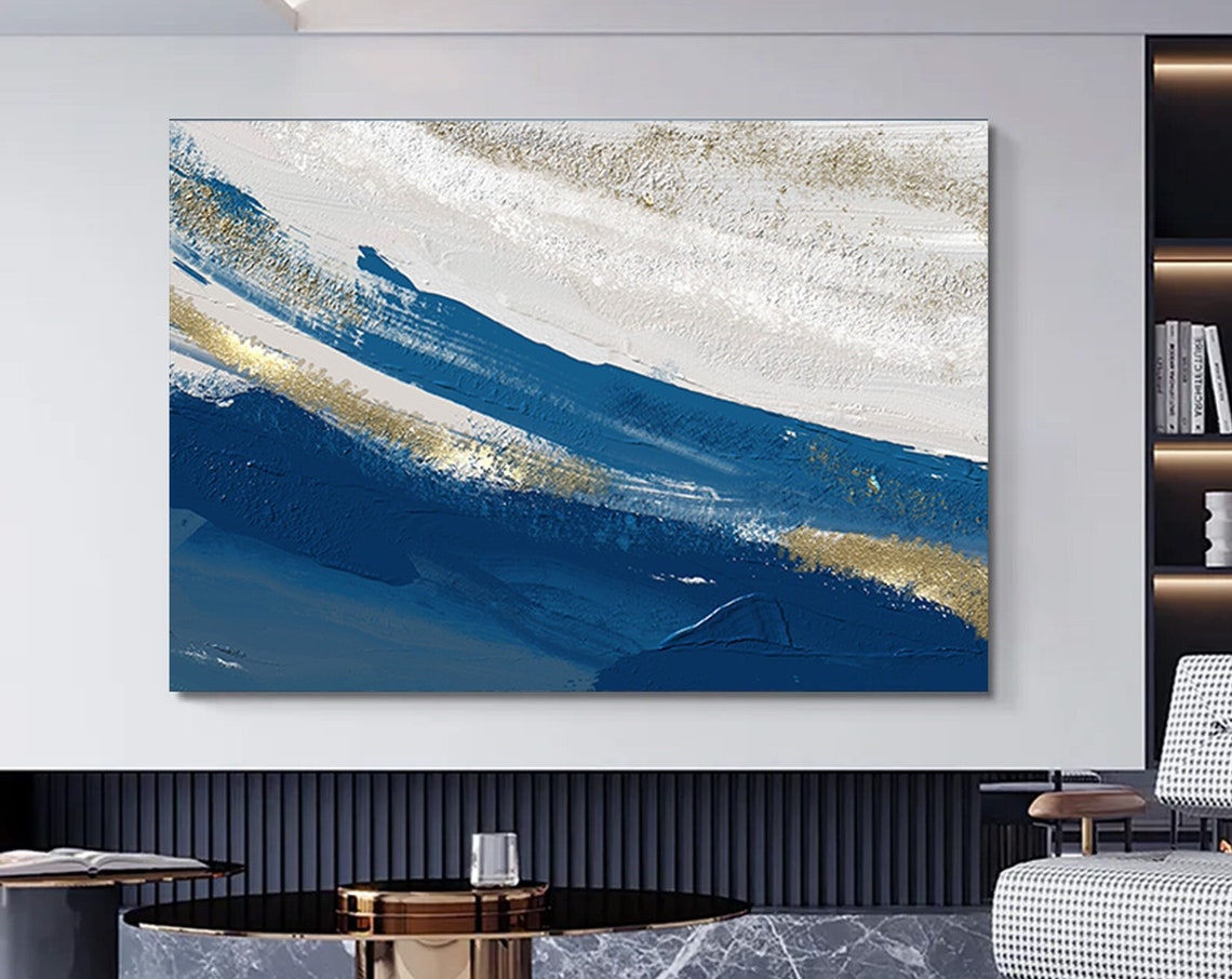 Blue White Gold Abstract Brushstroke Ocean Waves Modern Poster