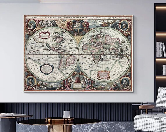 Antique Hondius World Map Double Hemisphere Vintage Canvas Poster
