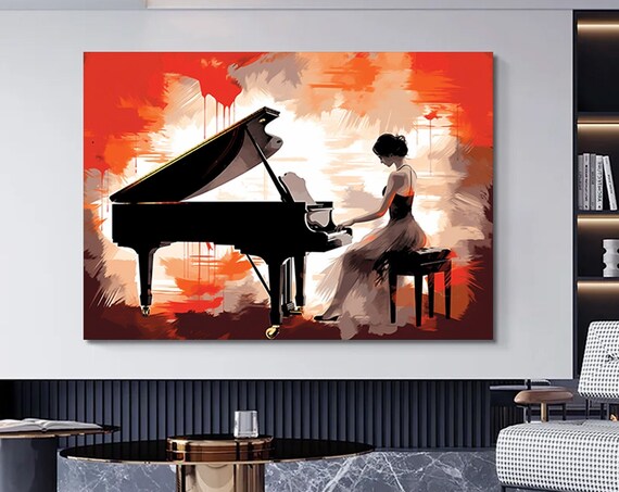 Woman Playing Grand Piano Red Abstract Painting Music Poster
