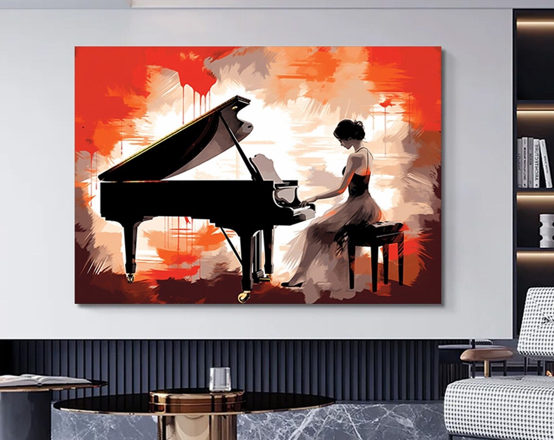 Woman Playing Grand Piano Red Abstract Painting Music Poster