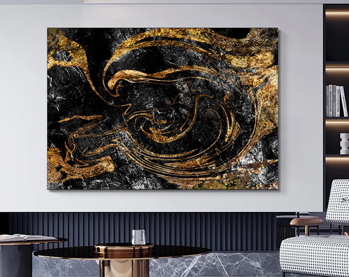 Black Gold Marble Swirl Abstract Luxury Modern Elegant Wall Art