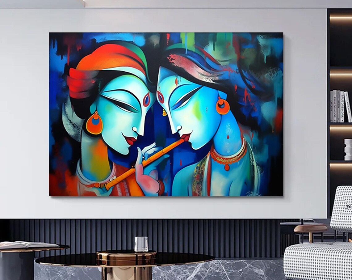 Radha Krishna Flute Melody Divine Blue Faces Painting Poster