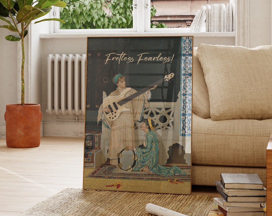Fretless Fearless Bassist Orientalist Painting Music Humor Art Poster - Image 3