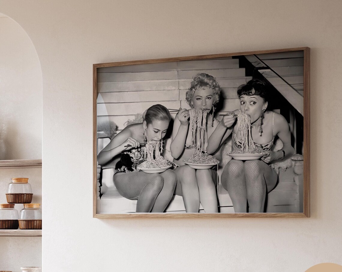Girls Eating Spaghetti Party Vintage Black and White Photo Poster