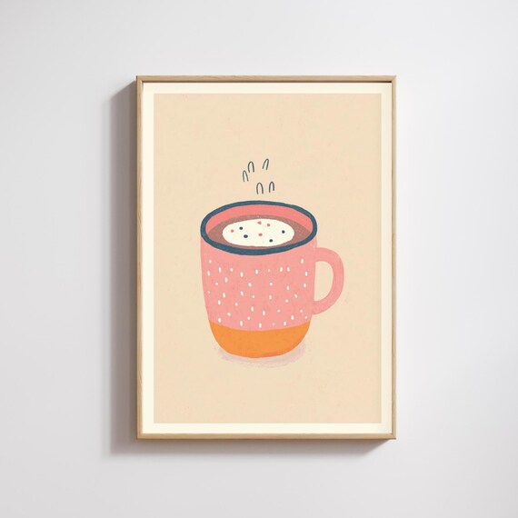 Steaming Pink Mug of Hot Chocolate Cozy Minimalist Kitchen Art Print