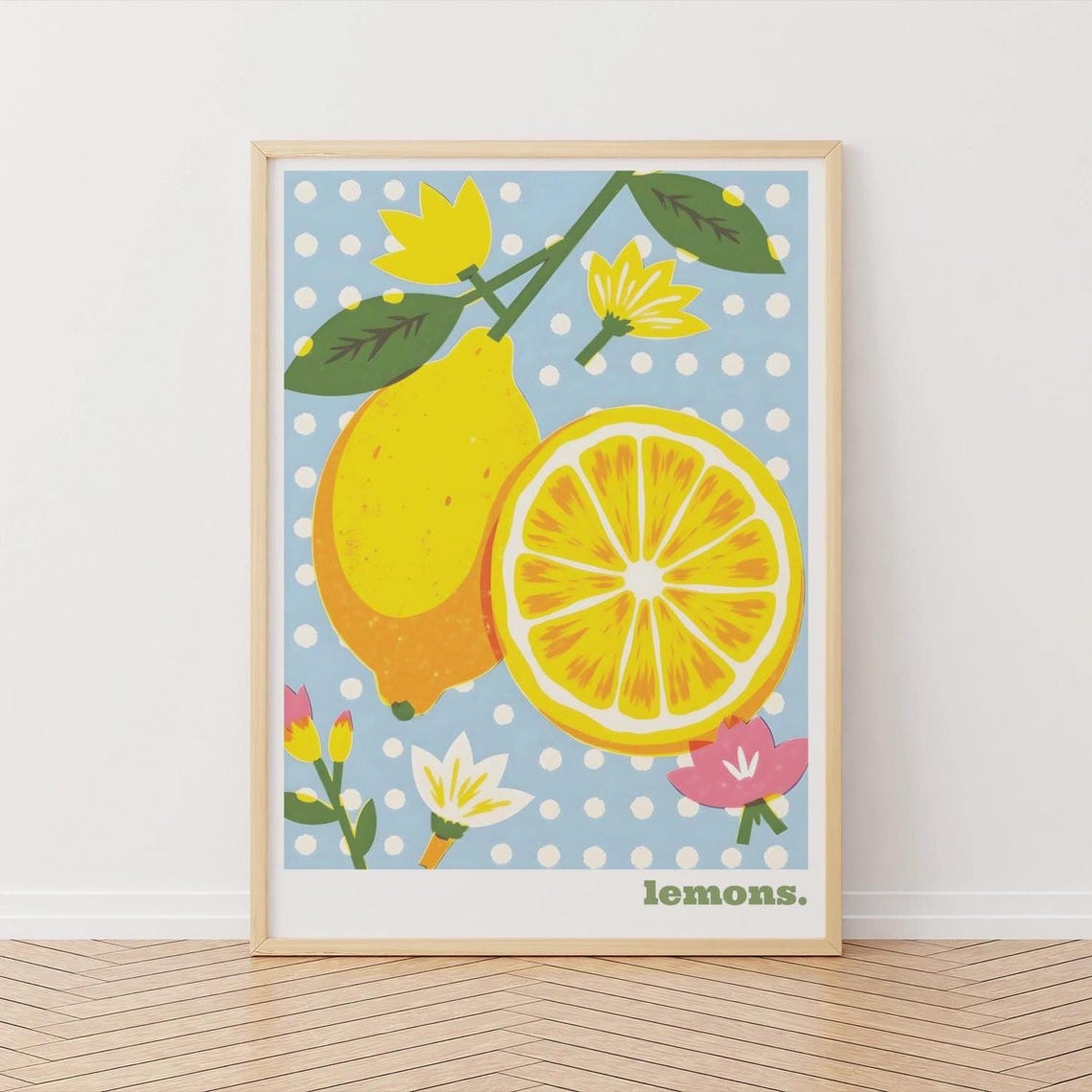 Retro Lemon Kitchen Poster Blue Polka Dot Riso Style Wall Art