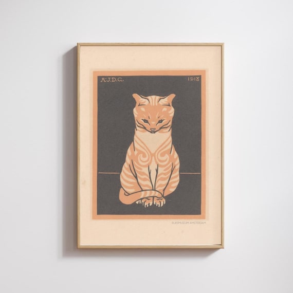 Sitting Cat Woodcut Print, Cat Portrait