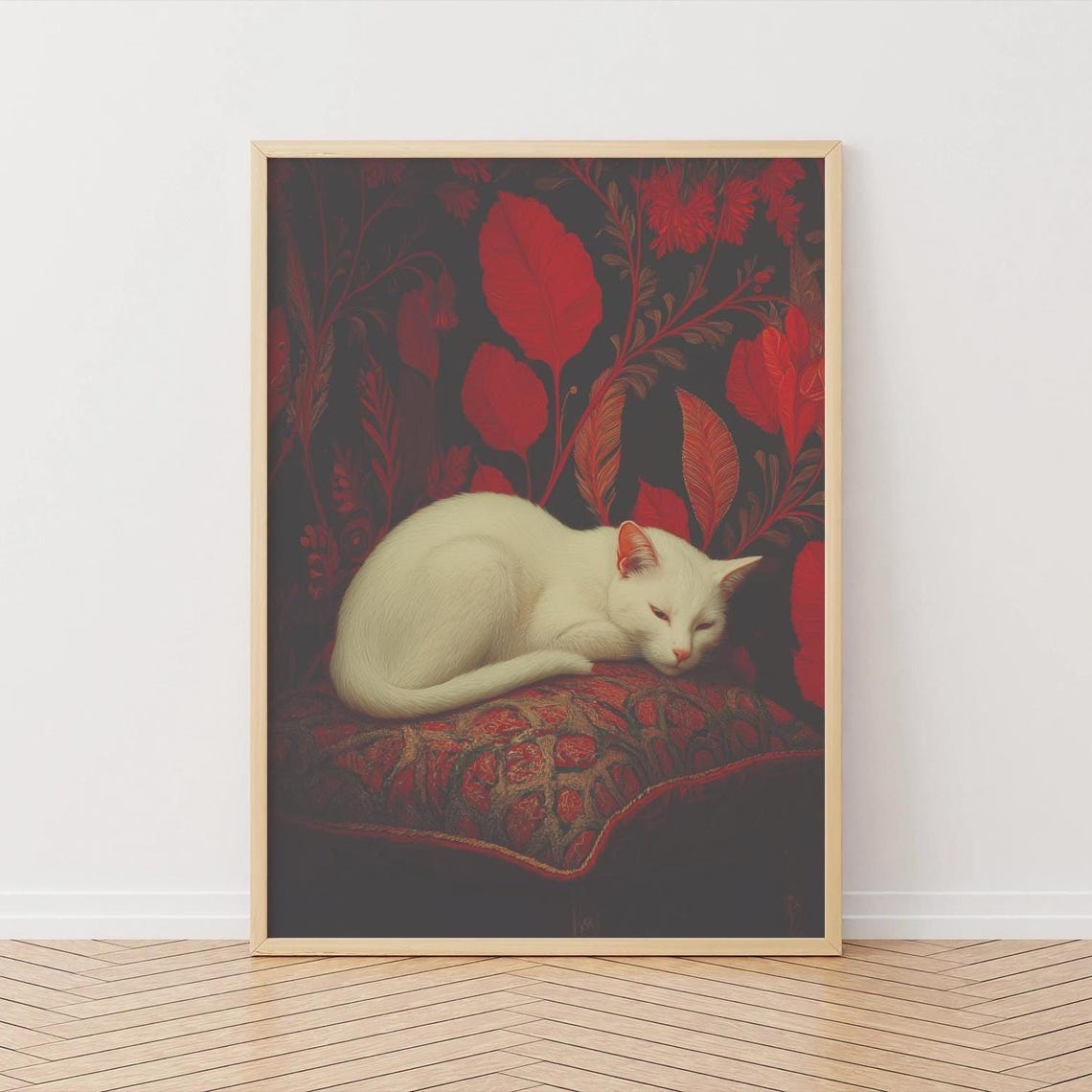 Sleeping White Cat on Red Patterned Cushion Moody Floral Poster