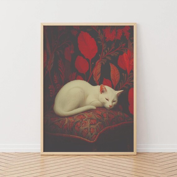 Sleeping White Cat on Red Patterned Cushion Moody Floral Poster