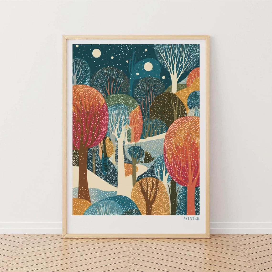 Winter Starry Forest Folk Art Colorful Seasonal Nature Print