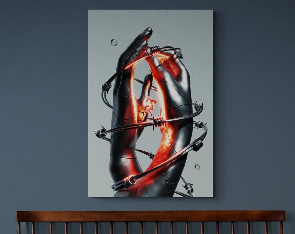 Barbed Wire Bound Metal Hands Fiery Ember Glow Surreal Wall Poster - Image 3
