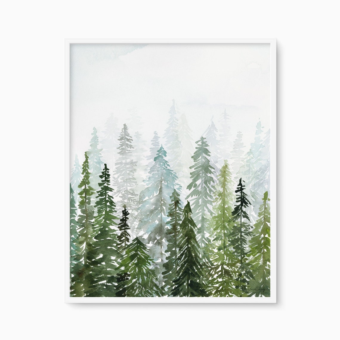 Misty Evergreen Pine Forest Watercolor Foggy Trees Art Poster