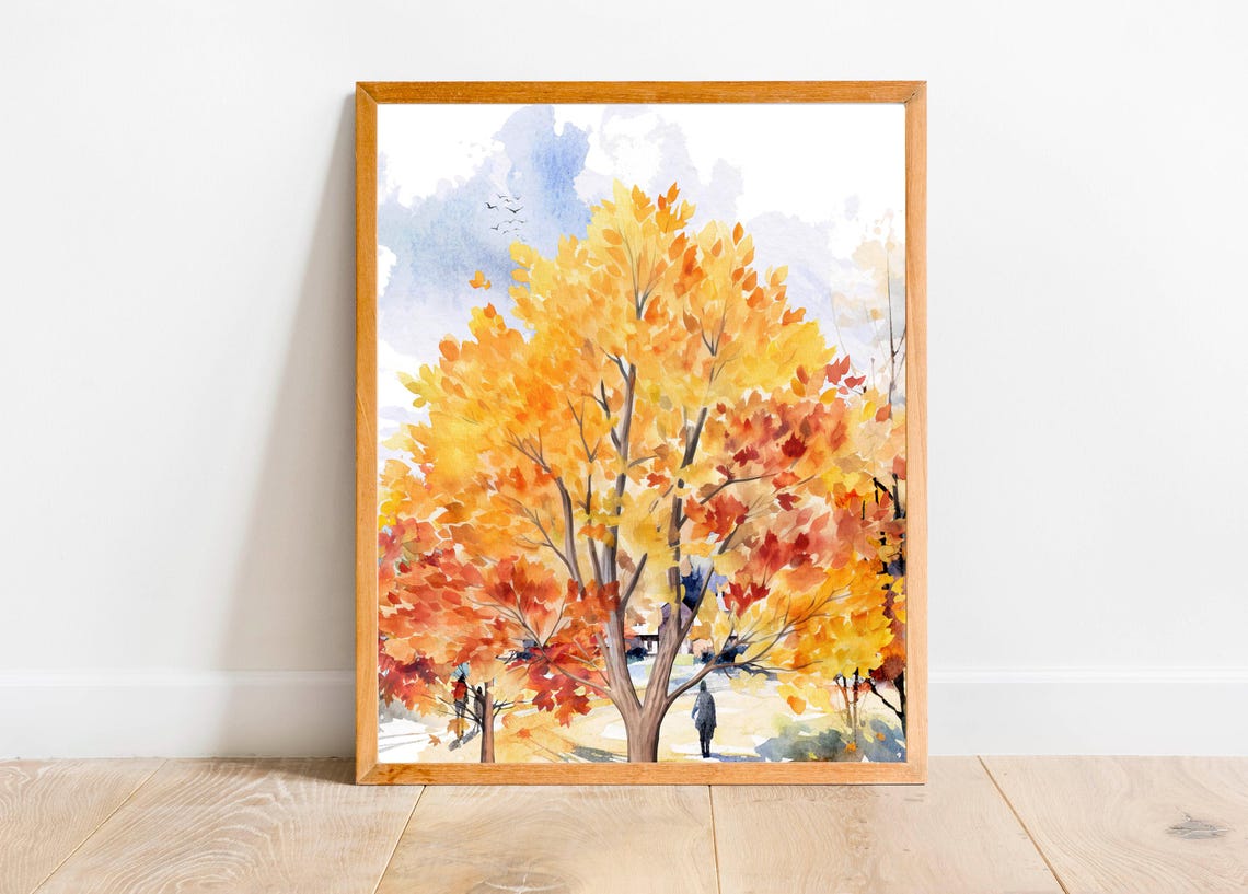 Golden Autumn Tree Falling Leaves Watercolor Fall Walk Poster - Image 3