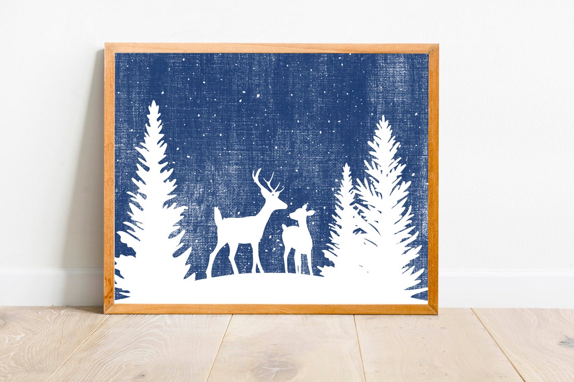 Deer Silhouettes Among Pines White On Navy Winter Snow Scene Poster - Image 4