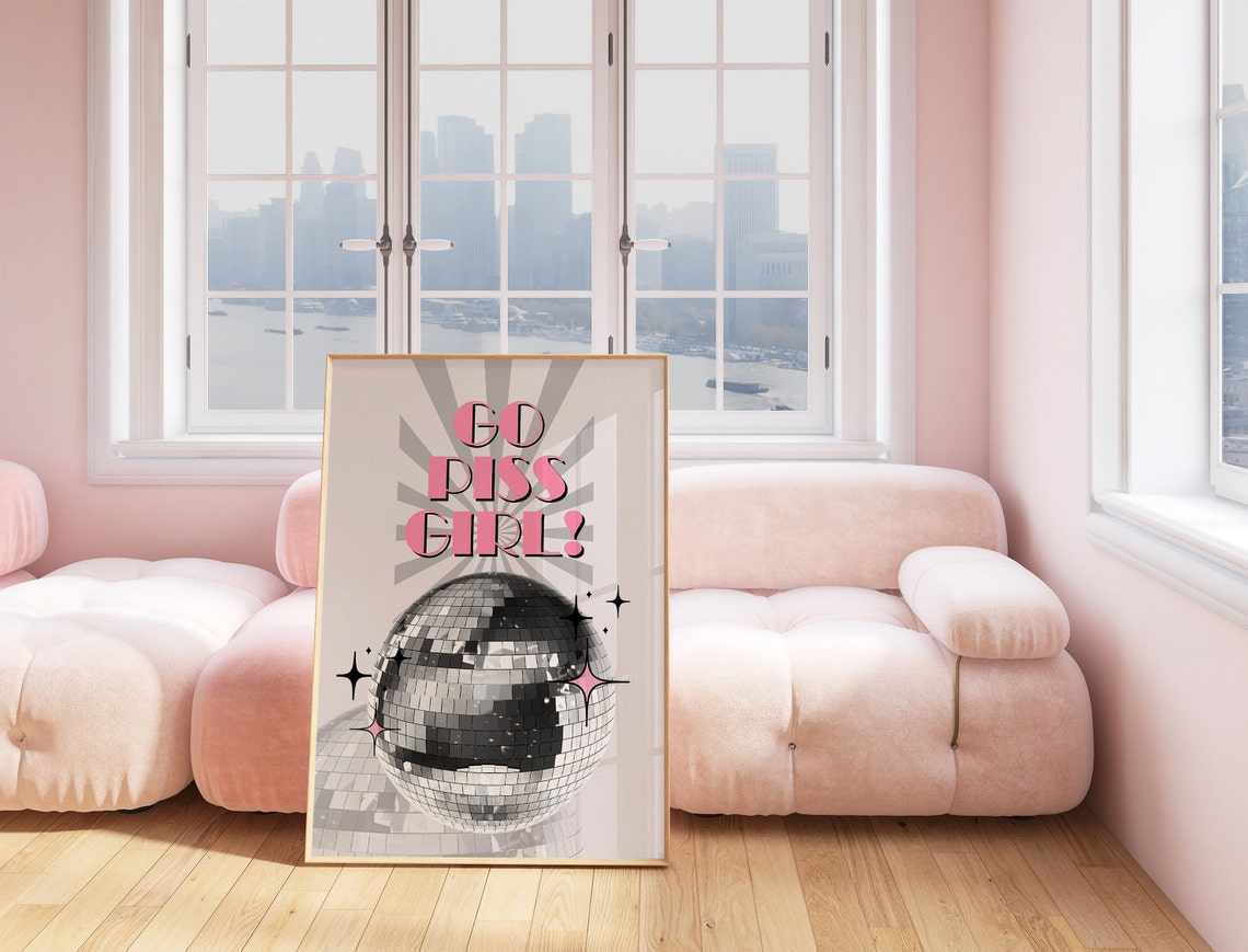 Go Piss Girl Disco Ball Funny Bathroom Retro Pink Party Wall Art - Image 4