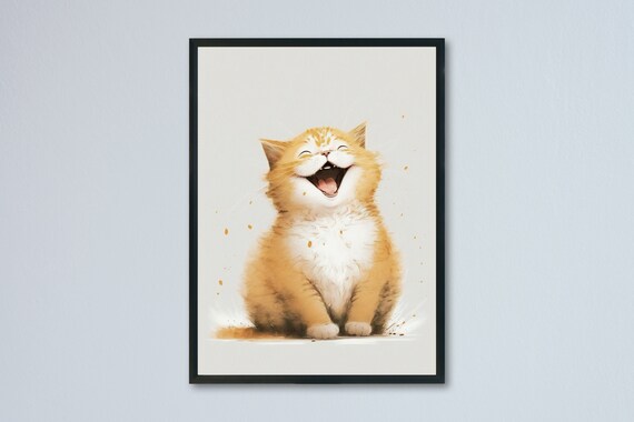 Giggling Ginger Cat Watercolor Happy Kitten Nursery Art Poster