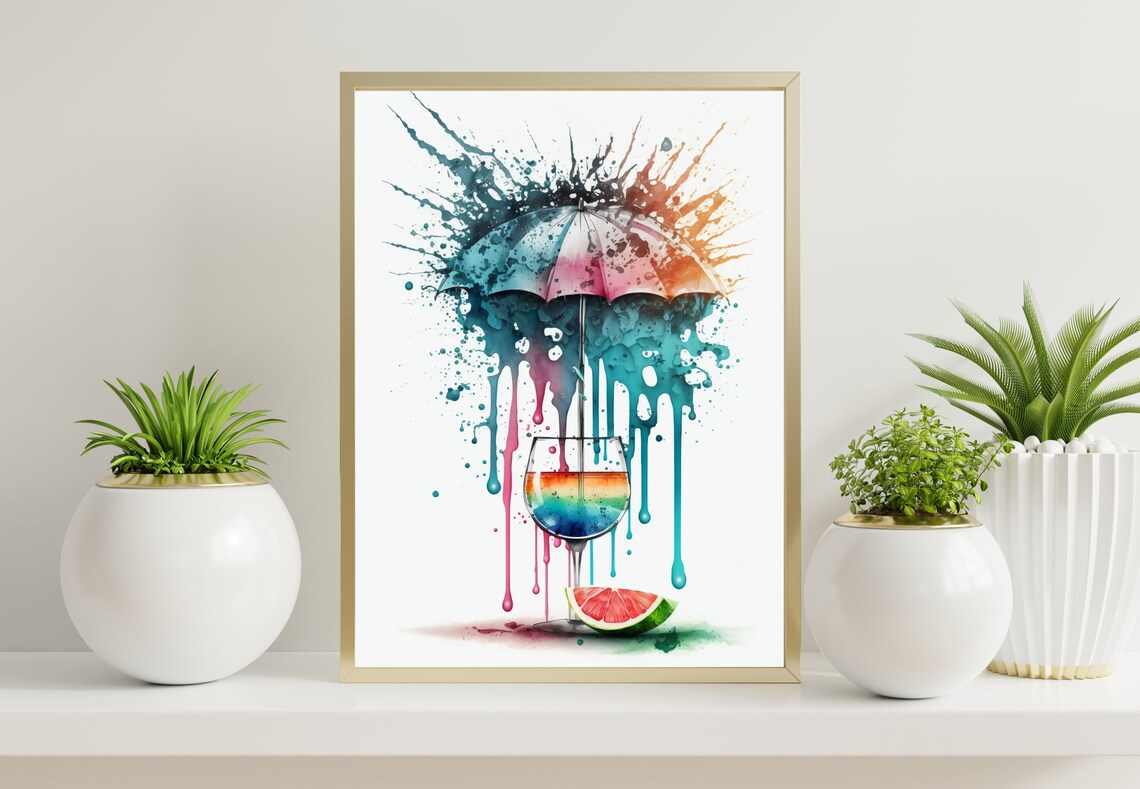Rainbow Umbrella Cocktail Glass Watercolor Splash Bar Art Poster - Image 2