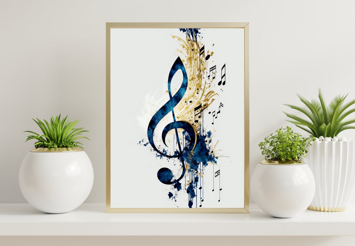 Navy Blue and Gold Treble Clef Watercolor Musical Decor Poster - Image 2