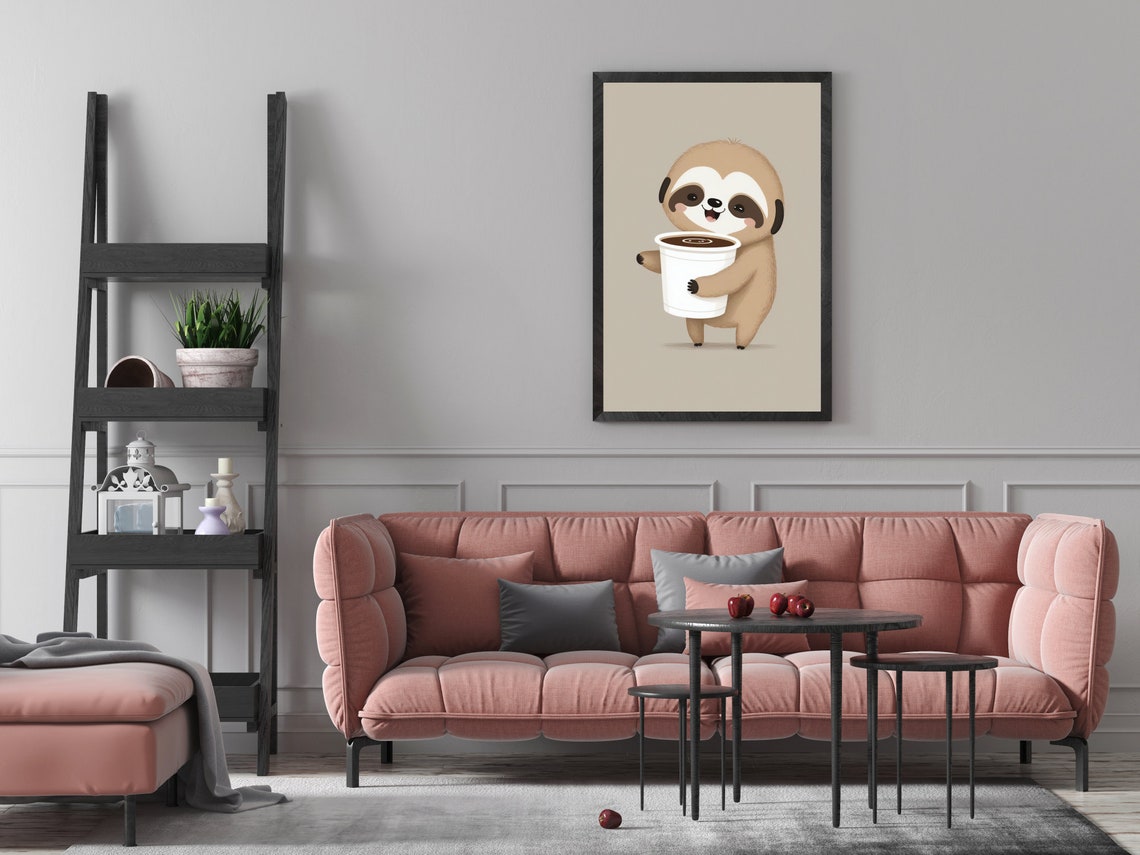 Cute Sloth Hugging Coffee Cup Happy Morning Animal Decor Poster - Image 2