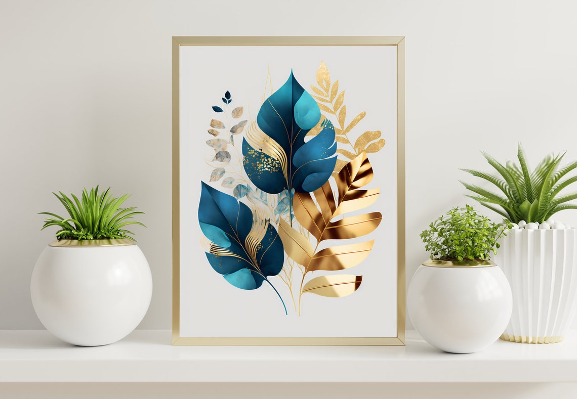 Teal Monstera Gold Palm Leaves Layered Botanical Chic Poster - Image 3