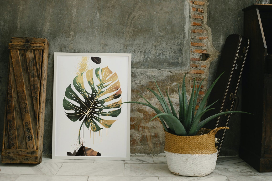 Green and Gold Monstera Leaf Minimalist Botanical Watercolor Poster - Image 2